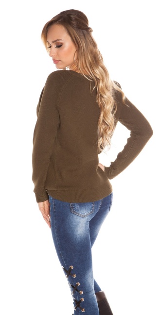 Trendy Oversize sweater with lacing Khaki